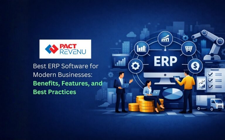 Best ERP software for enterprises in Saudi Arabia showing ERP system features, business automation, finance management, inventory control, and operational efficiency by PACT REVENU